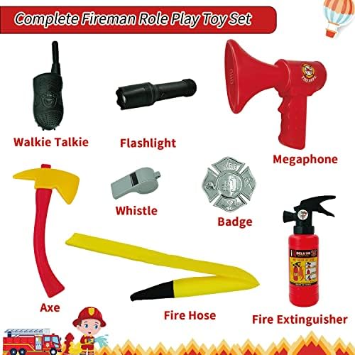Kobeela Fireman Costume for Kids, Firefighter Dress Up Outfit with Toy Accessories for 3-6 Years Old Boys and Girls Halloween Role Play, Christmas Gifts