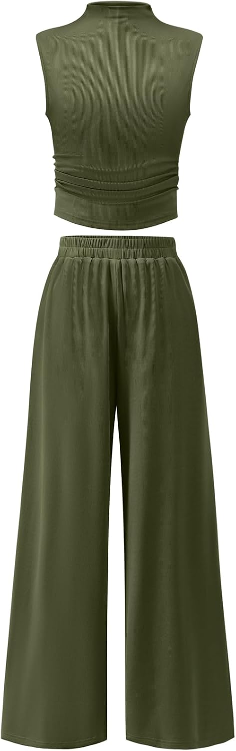 ANRABESS Womens 2 Piece Outfits 2024 Summer Mock Neck Sleeveless Cropped Tank Tops Wide Leg Long Pants Tracksuits Lounge Sets