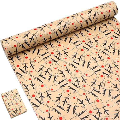 OTMVicor Rollo de papel para envolver regalos de Navidad de 15 m, papel kraft reciclable impreso con bonitos anclajes, rollo de papel para envolver regalos de cumpleaños, boda, Navidad