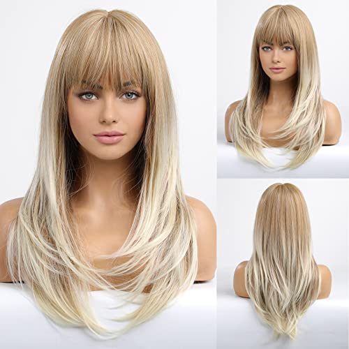 HAIRCUBE Long Ombre Blonde Wigs for Women Layered Straight Synthetic Wig with Bangs