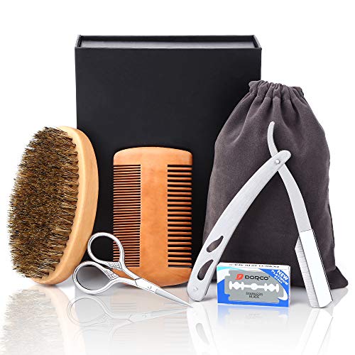 Beard Grooming Care Kit, Beard Brush for Men Kit Including Boar Bristle Brush Natural Wood Comb and Beard Trim Tool Set Travel Bag Gift Box