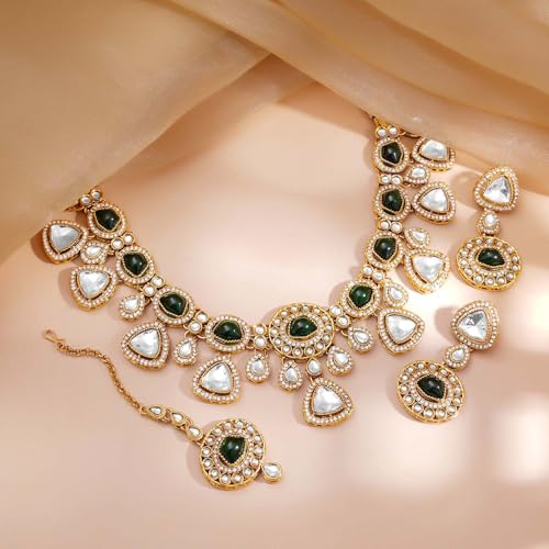 Image of Rubans Necklace Maangtikka Set Gold Plated Kundan & Pearl Jewellery Gift for Women & Girls