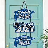 2026 Blue Graduation Hanging Sign Class of 2026 Congrats Grad Adventure Begins Welcome Door Sign Graduation Party Indoor Outdoor Decorations Supplies