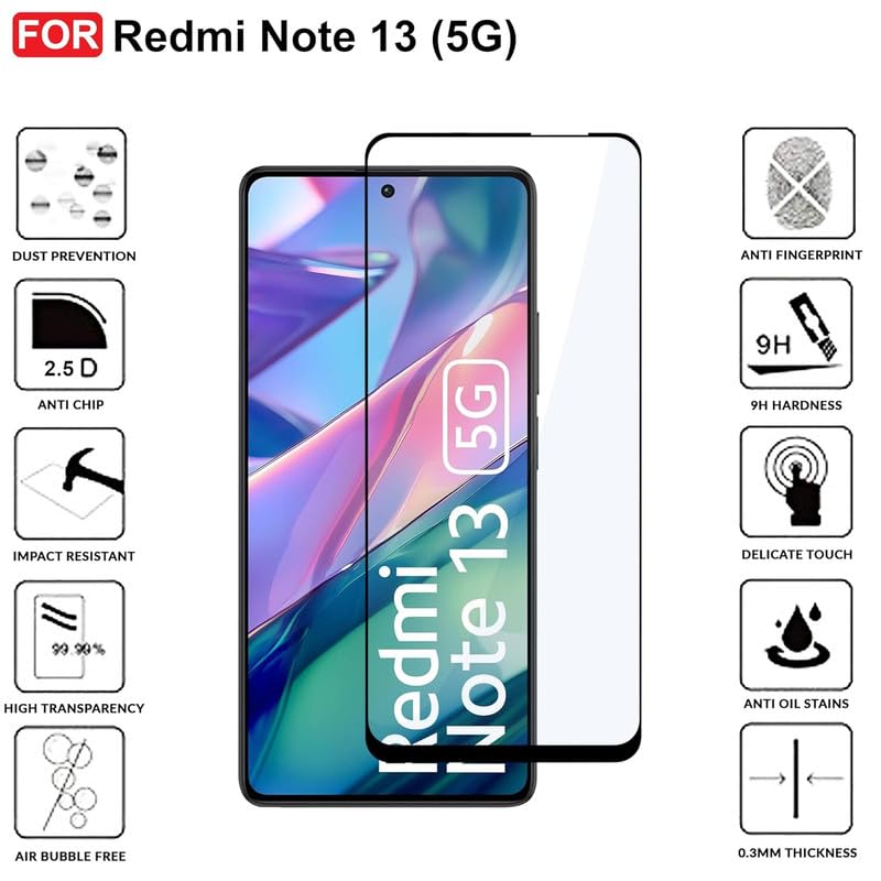 Image of Tempered Glass Full Screen Protector For Redmi Note 13 5G Smartphone With Easy Installation Kit