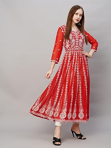 Image of ANNI Designer Women's Georgette Regular Fit Anarkali Chikankari Embroidered Calf Length Kurta Dress