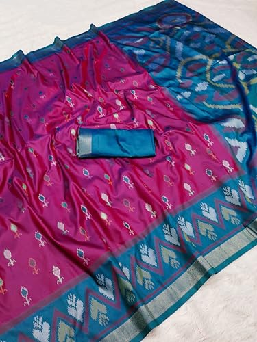 Image of Women's Pochampalli Silk Blend Saree with Unstitched Blouse Piece