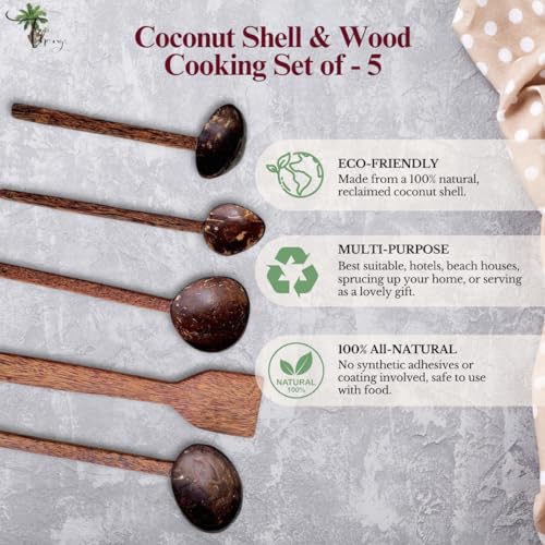 Image of Thenga Coconut Shell Cooking Utensils Spatula, Spoon & Ladles, Set of 5 | Smooth polished finish, safe for non-stick cookware and clay pots, ideal for stirring, serving and everyday cooking