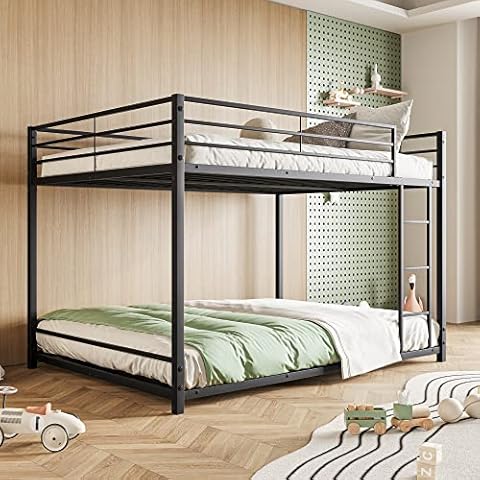 JURMERRY Metal Bunk Bed Full Over Full Beds with Sturdy Guard Rail & Ladder, Space-Saving Design No Box Spring Needed,Black Cover