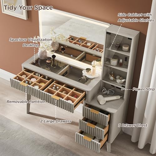 Image of T4TREAM 48 inch Fluted Makeup Vanity Desk with 36 inch Lighted Mirror, White Alder