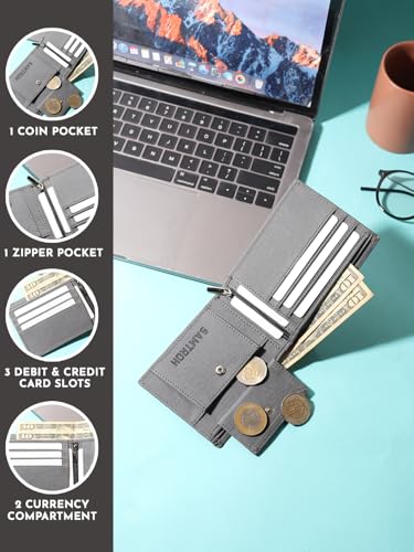 Image of SAMTROH Vegan Leather Wallet for Men | Vintage Printed | Premium Vegan Leather Craftsmanship | 3 Card Slots I 2 Cash Compartments & Secret Slots | 1 Coin Pocket. (Eagle, Dark Grey)