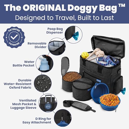 Image of Rubyloo Original Doggy Bag Dog Travel Bag for Supplies with Travel Bowls | 2 BPA-Free Collapsible Bowls, 2 Pet Food Containers, TSA-Ready, Road Trips, Camping, Weekend Getaways, Doggy Gift, Charcoal