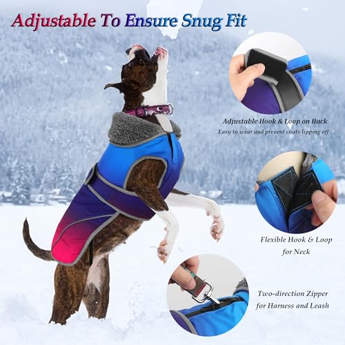 Image of Dogcheer Dog Coat, Waterproof Dog Jacket Reflective Pet Winter Coat with Adjustable Hook & Loop, Christmas Puppy Fleece Jacket Warm Snowsuit for Small Medium Large Dogs - Gradient Blue-red, S
