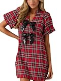 Women's Elegant Plaid Bow Dress V Neck Short Puff Sleeve Mini Dress with Pocket Red
