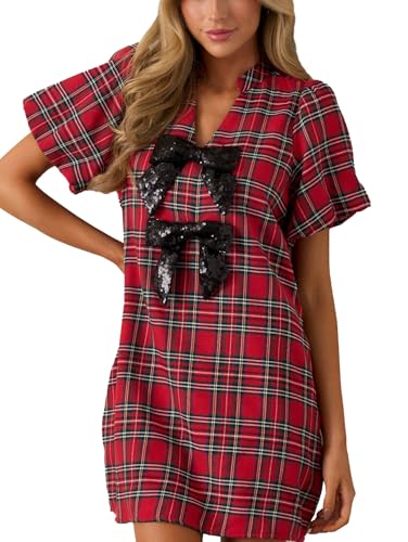 Women Plaid Mini Dress V Neck Lantern Short Sleeve Bow Front Shift Dress with Pocket