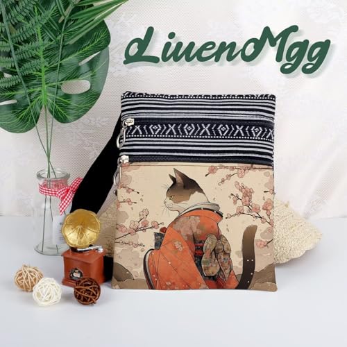 Kimono Cat Messenger Bag Small Ethnic Pattern Printed Adjustable Strap Crossbody Zipper Bag Kimono Cat Phone Bag Wallet Cute Shoulder Handbag for Women - 5 5