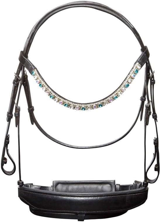 English Bridle Headstall Reins Cowhide Genuine Leather Horse Crossover Crossunder Raised Fancy Stitched Laced All Purpose Jumping Dressage Rubber Crystal Padded Adjustable Browband Full-Cob,M51