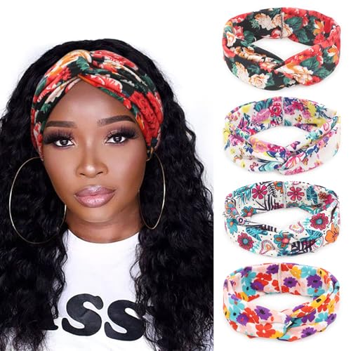 Image of DRESHOW 4 Pack Boho Non-Slip Headbands for Women Girls Yoga Workout Running Knotted Turban Floral Elastic Head Wrap