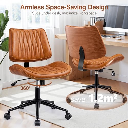 Image of Ergonomic Armless Office Desk Chair - Mid-Century Retro Orange Faux Leather with Diamond Stitch, Adjustable Height Swivel Rolling Task Computer Chair with Walnut Accent for Home Office, Study & Work