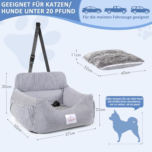 CALIYO Hundeautositz mit Stabiler Basis & Sicherheitsgurt | Hundesitz Auto für Kleine bis 10 kg | Memory Foam-Sitzauflage | Wasserdichter, Abwaschbarer Hundekorb mit Aufbewahrungstasche (Blau/Weiß)