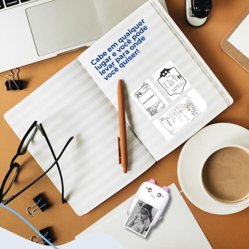 Mini Impressora Gatinho com 5 Rolos De Papel Térmica Portátil Sem Fio Kit Bluetooth 200dpi Com Cabo