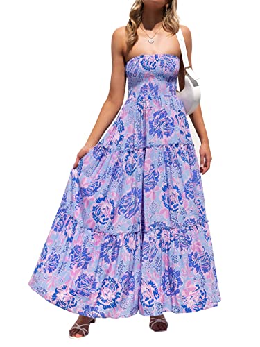 Image of ZESICA Women's Summer Boho Strapless Maxi Dress 2026 Casual Off Shoulder Smocked Flowy A Line Beach Holiday Long Dresses