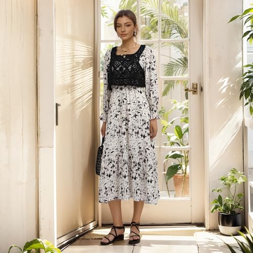 Robe midi bohème à volants amples et manches longues ajourées - 5