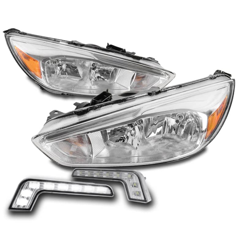 ZMAUTOPARTS Replacement Chrome Headlights Headlamps w/6.25" White LED DRL Lights For 2015-2018 Ford Focus S/SE/ST