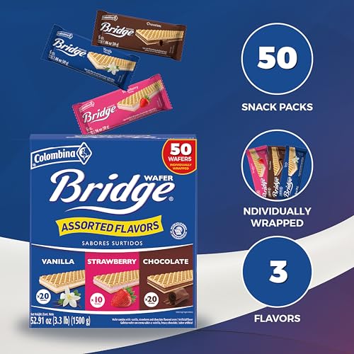 Image of Colombina Bridge Wafer Cookies Variety Pack, Vanilla Strawberry Chocolate, 50 Count (30g Each), Bulk Box 52.91 oz (3.3 lb)