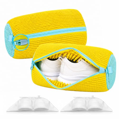 Shoe Washing Machine Bag 2 Pack with Chenille Lining and Self-Locking Zipper, Large Reusable Sneaker Wash Bags for Washer and Dryer, Fits Running Shoes, Kids Shoes and Slippers