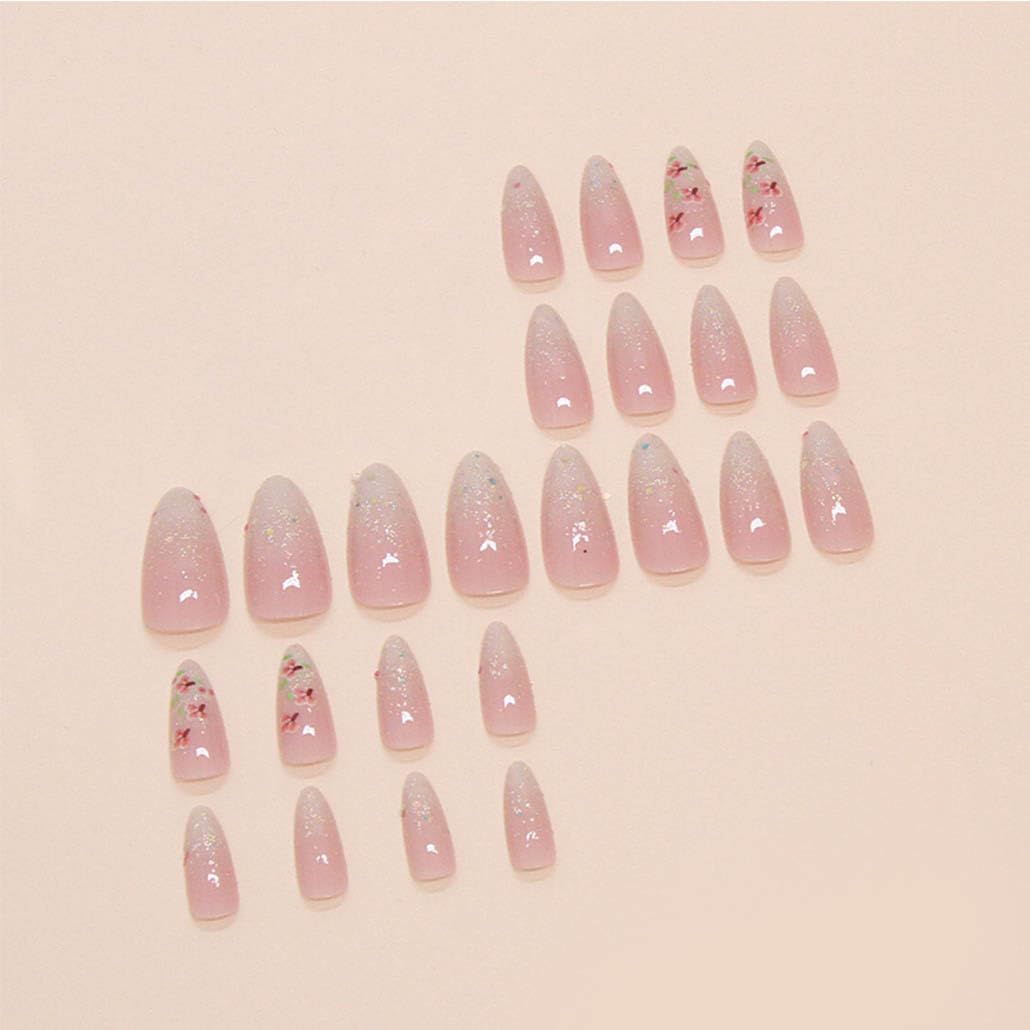 Foccna Press on Nails Pink Artificial Nails Medium White French Fake Nails Almond Rhinestone Bling Glossy 3D Flower False Nail Tips Finger Manicure for Women and Girls,24pcs (Almond Nails 4)