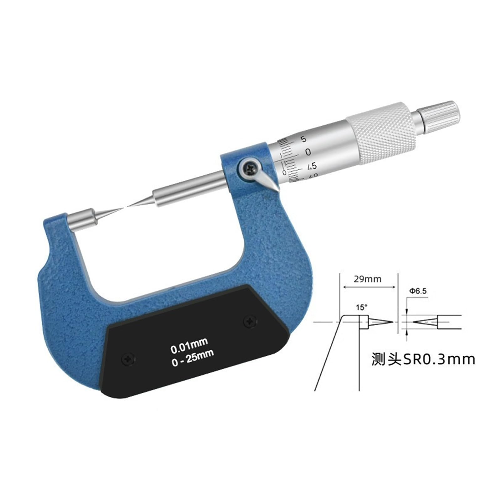 Micrómetro de tornillo mecánico de 0 a 25 mm, calibrador micrométrico, herramienta de medición Mide cualquier cosa(FLAT-POINTED TIP 60°)