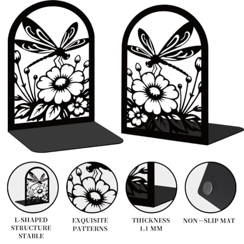 BEUNITONE 1 Pair Metal Bookends for Shelves, Dragonfly Book Ends Decorative for Heavy Books, Decorative Books Used on Desk, Shelf, Farmhouse for Small, Bookshelf Decor for Shelves Home and Office by BEUNITONE - Image 4