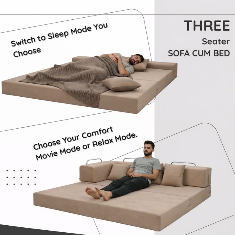 Image of Adorn India Easy Premium Modular 4 Seater Sofa Cum Bed | Velvet Suede Fabric | Colour Camel | Modern Design | Size 6x6 Fit | Comfortable for Seat & Sleep | Washable Cover | Perfect for Home & Office