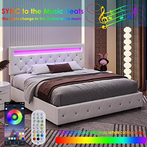 Keyluv Queen Upholstered Led Bed Frame With 4 Storage Drawers And Adjustable Crystal Button Tufted Headboard, Platform Bed With Solid Wooden Slats Support, No Box Spring Needed, White #TOP2