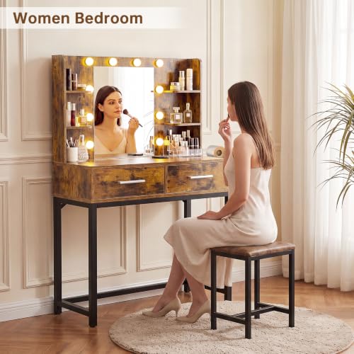 Image of YESHOMY 31.5'' Small Vanity Desk with LED Mirror and Lights, Rustic Brown