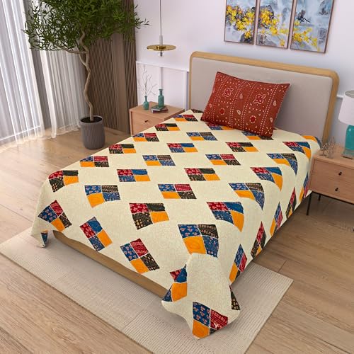 Image of 100% Cotton Single Bedsheet with 1 Pillow Cover | 240 TC Pure Cotton Flat Bed Sheet | Traditional Jaipuri Printed Bedding Set | Soft & Breathable | 60 x 90 Inch (Rangmahal Single 71)