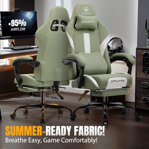 GTPLAYER Gaming Chair with Foot Rest & Pocket Spring Cushion, Breathable Fabric for Home Office Desk, Ergonomic High Back Computer Chair with Headrest & Lumbar Support, Green by GTPLAYER - Image 2