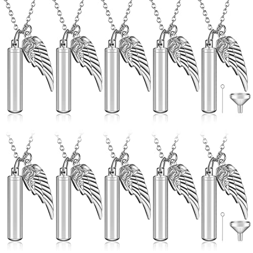 10 Pieces Urn Necklace for Ashes Cylinder Cremation Jewelry with Angel Wing Charm Memorial Pendant Keepsake for Women Men Vial Cremation Ash Pendant(0.31 x 1.54 Inch,Silver)