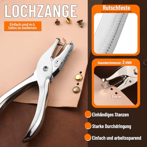 Reovin Leder Nieten Set, 240 Set 3 Größen Doppelkappennieten Mit Leder Lochzange Installationswerkzeuge, 4 Farben Ledernieten Hohlnieten Für LederBastelarbeiten, Kleiderdekoration Und Reparatur