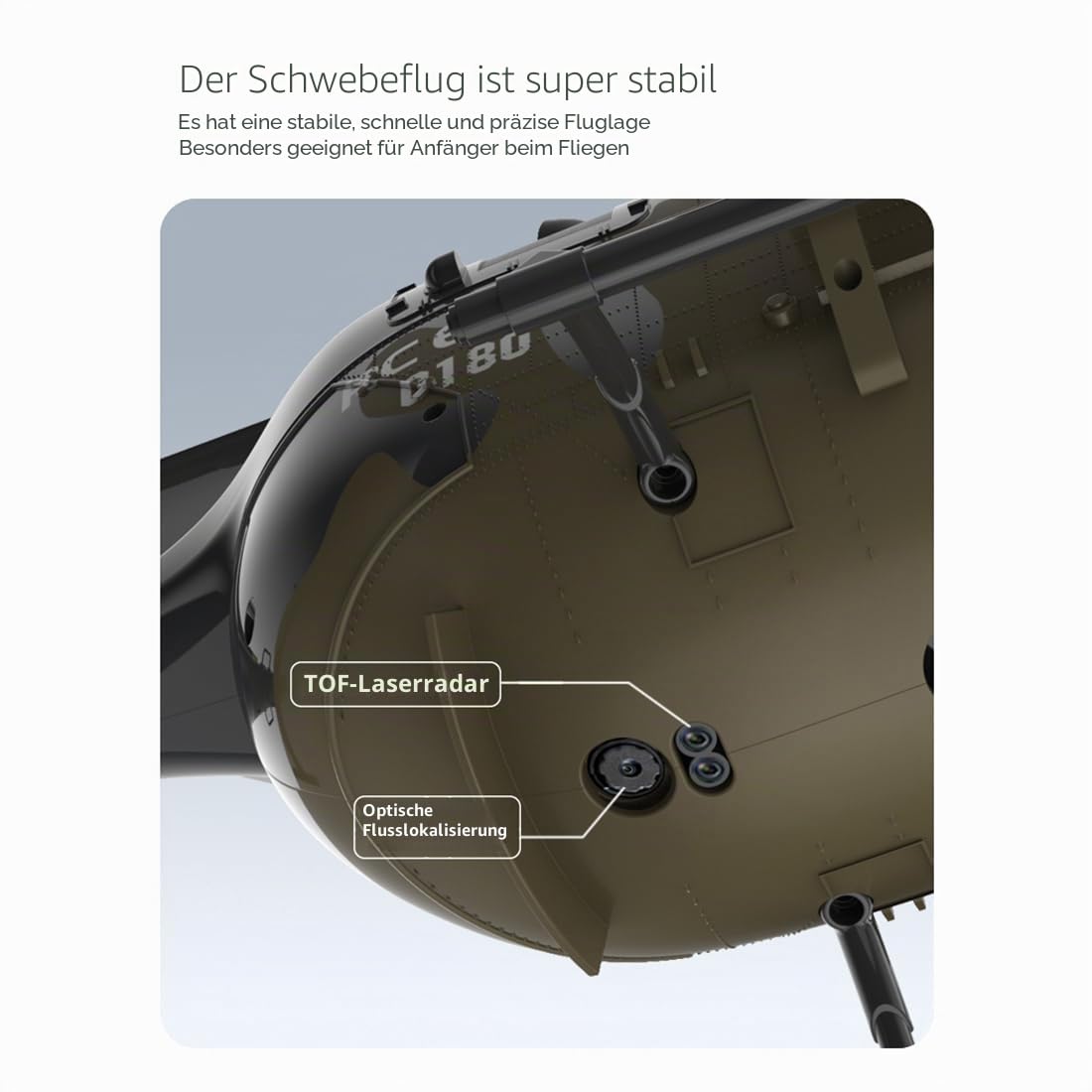 C180 BO105 Brushless RC Hubschrauber mit One-Key Start/Inverted Flug, 6CH 6-Achsen Gyro RC Helikopter mit barometrischer + TOF-LiDAR-Höhenhaltung und Optical Flow Positionierung (Tarnung/3 Batterie)