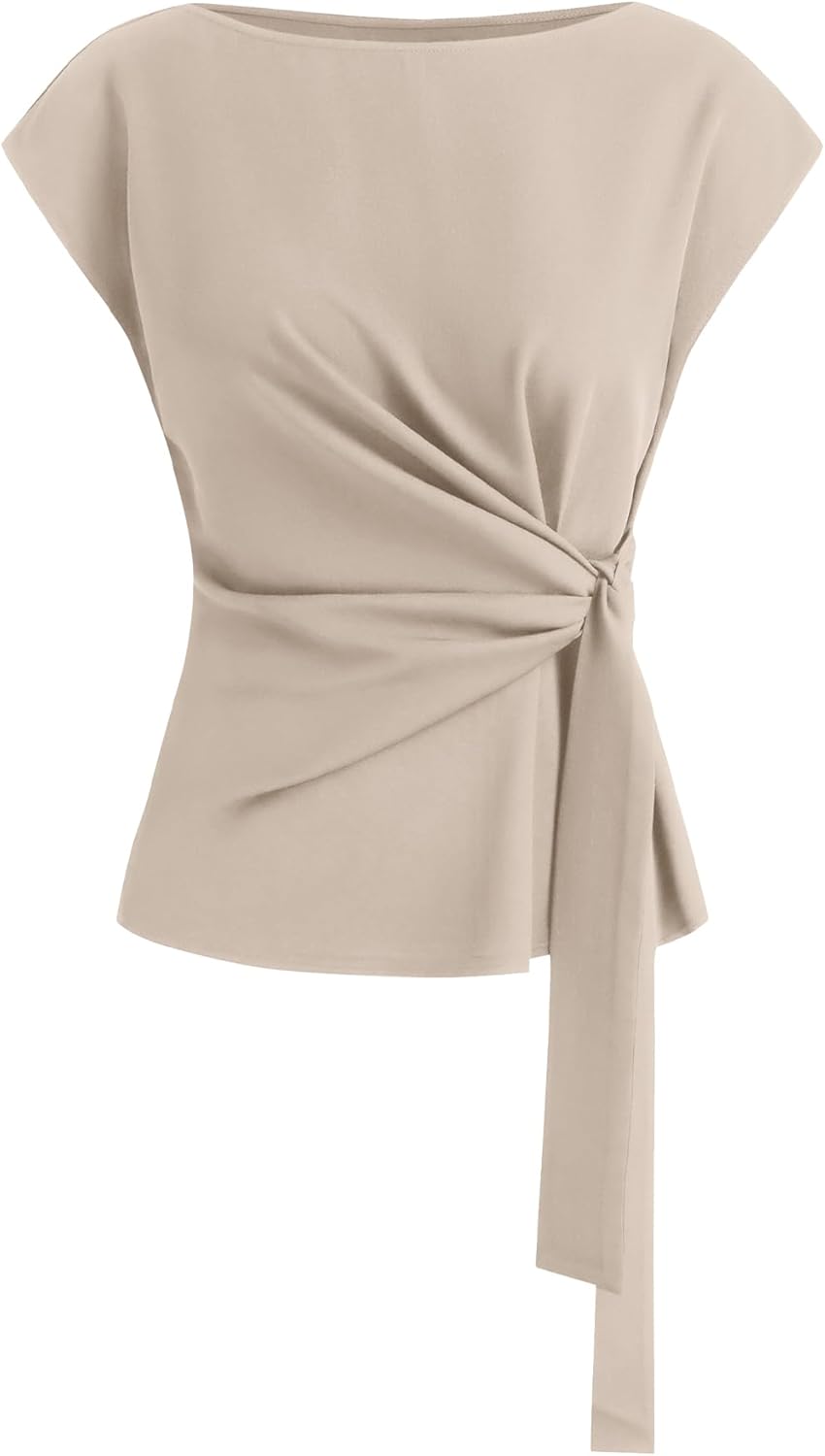 BTFBM Womens Tops Summer 2026 Cap Sleeve Crew Neck Tie Waist Blouses Dressy Casual Business Work Clothes Spring Fashion