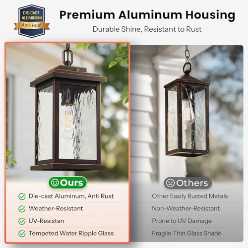Image of Gleamz Large Outdoor Pendant Lights for Porch, Anti-Rust Hanging Light | Oil Rubbed Bronze (Gold Trim), Dusk to Dawn Exterior Hanging Lighting Fixtures for House, Easy Installation, 1-Pack, No-Solar
