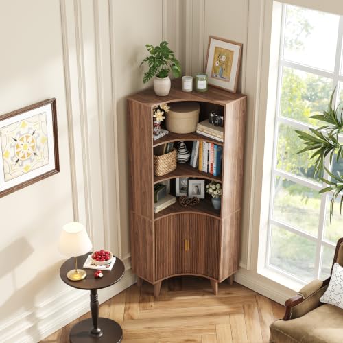 Image of Tall Corner Cabinet with Fluted Doors, 5-Tier Coffee Bar Cabinet