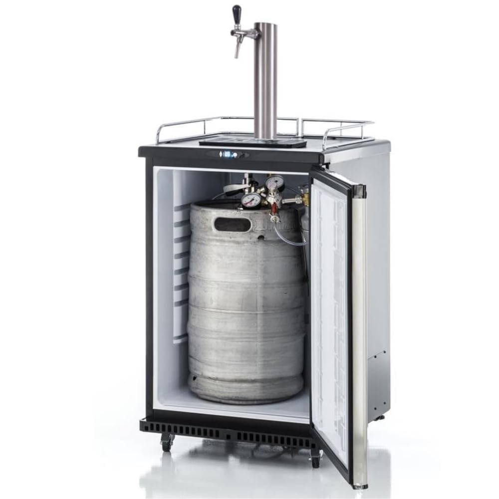 GDW Bierbar auf Rollen mit Reiling für max 50l Fass Komplettsets mit silberner Edelstahl-Schanksäule, Co2 in 425g, 500g oder 2kg & 4 versch. Kegs zur Auswahl (2000g Co2 Flasche, Flachkeg Typ A)