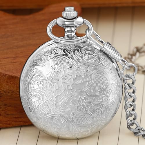 Image of Tiong Vintage Pocket Watch Engraved Cowboy Skull Wolf 3D Pattern Arabic Numerals Quartz Pocket Watch with Chain Best Gifts