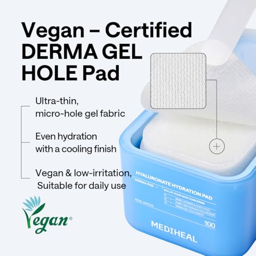 Image of MEDIHEAL Toner Pads 100 Count - Hyaluronate 99% Pure Low-Molecular Hyaluronic Acid - Intensive Hydration&Soothing - Contains Squalane to Increase Absorption - Vegan Gel Texture Pad, Korean Skin Care
