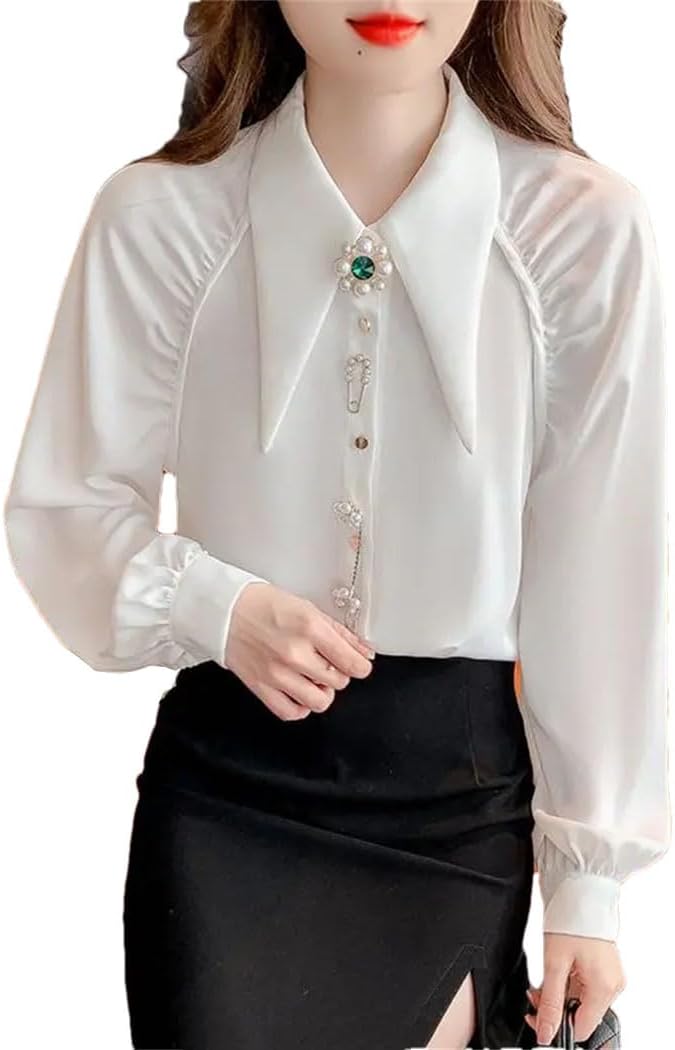 Women Spring-Autumn Lapel Long Sleeve Shirt Solid Color Fashion Beading Diamonds Button Blouse Tops