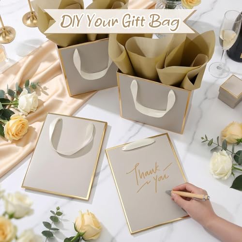 Image of Yeaqee 24 Pack Metallic Paper Gift Bags, Champagne, Gold | with Satin Ribbon Handle and Tissue, 9x7x3.1 Inch, Suit Business, Birthday, Christmas, Thank You Return Gifts Bags