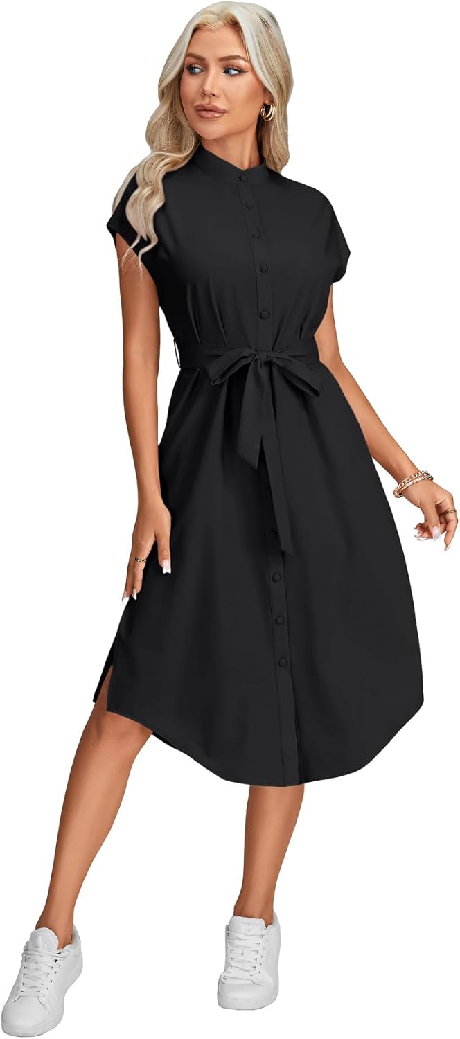 Rooscier Women's Mock Neck Button Down Tie Waist Cap Sleeve Side Split Curved Hem Midi Dress - Image 6