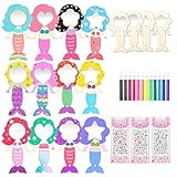 Juego de 12 espejos de madera para pintar cumpleaños infantiles, manualidades para niñas, espejo de mano con 12 lápices de acuarela, 3 piedras brillantes, cumpleaños infantiles, fiesta de empleo